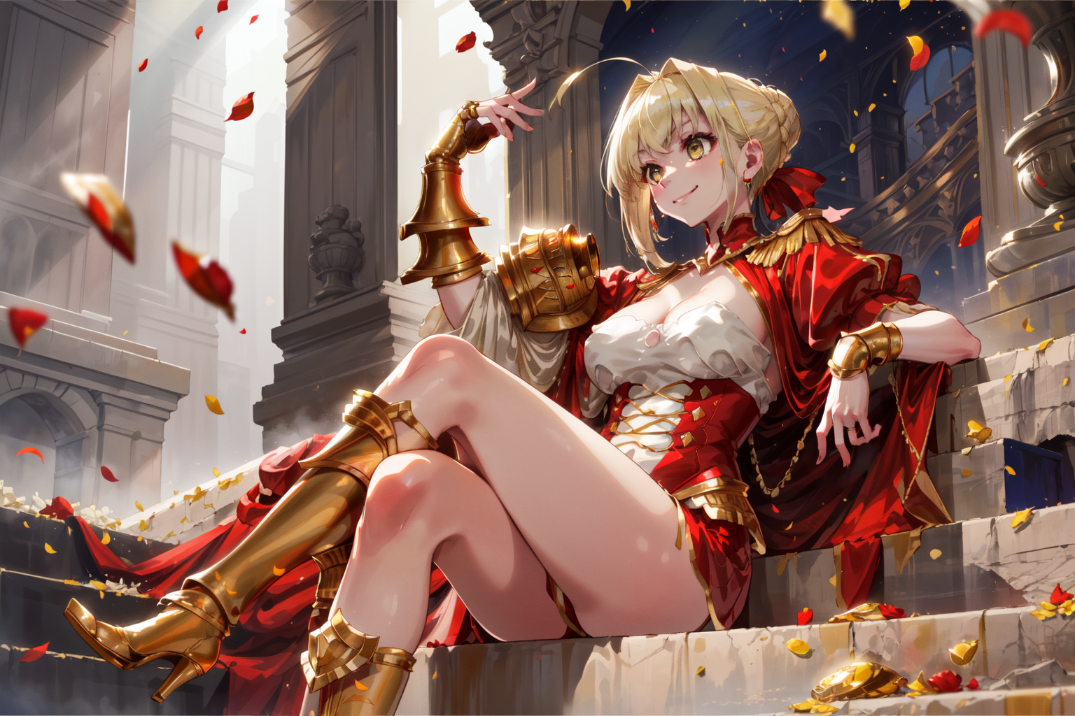 00876-2933851425-masterpiece,best quality,1girl,FinalAscension,3rdPhaseOutfit,gauntlet,large breasts,sitting,crossed legs,smile,confident,luxury,.png